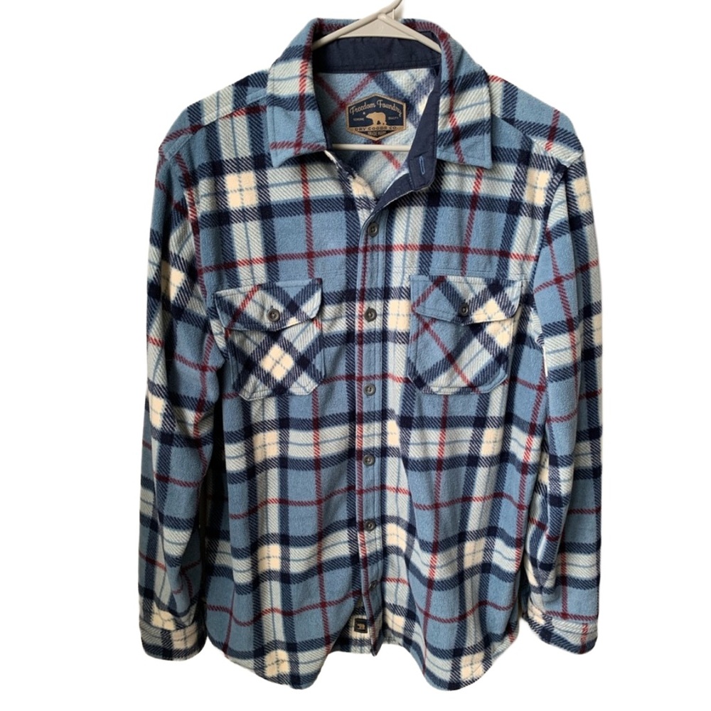 FREEDOM FOUNDRY Women’s Navy Blue Cream & Red Flannel Plaid Button Up Shirt